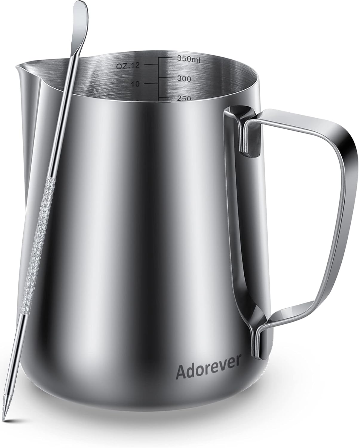 Adorever 12oz stainless steel milk frothing pitcher with sharp pouring spout and internal measurement markings