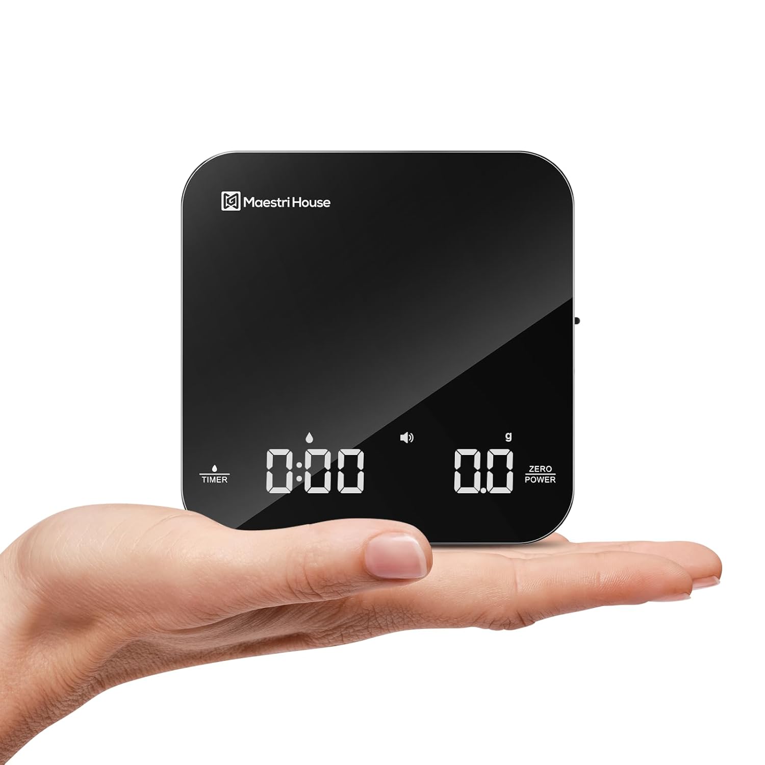 Maestri House S2 Espresso Coffee Scale with compact square profile and illuminated LED timer display