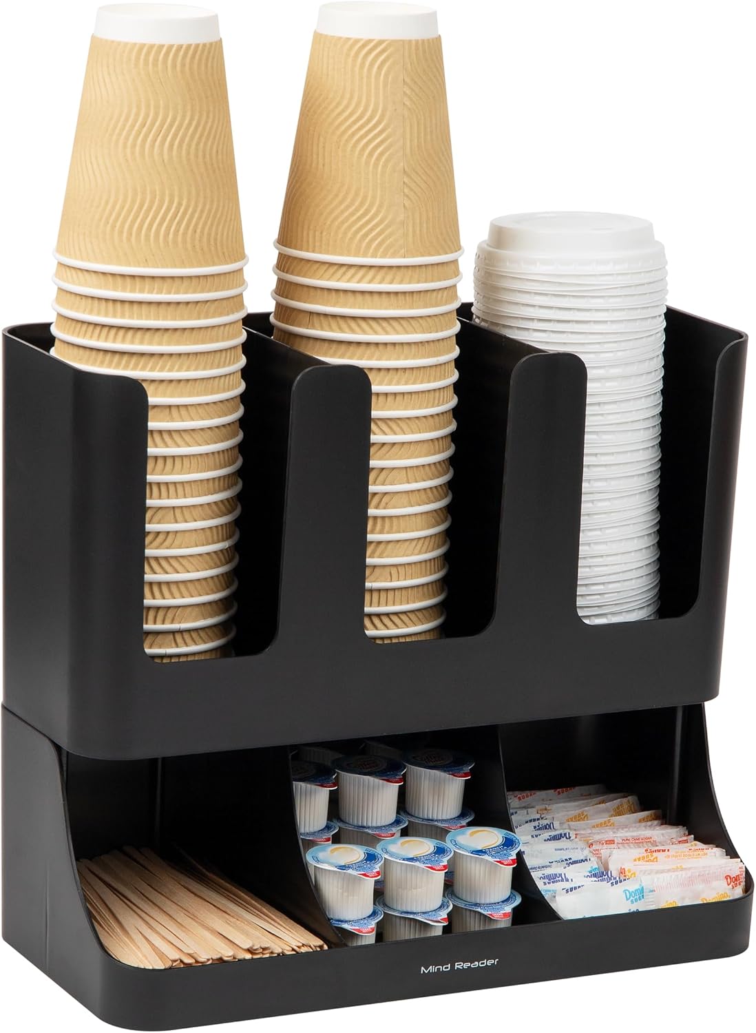 Mind Reader 13-inch tiered coffee station organizer with vertical compartments holding condiments cups and tools
