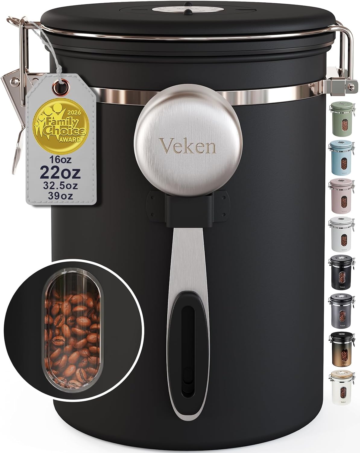 Veken 22oz airtight stainless steel coffee canister with clear acrylic viewing window and date tracker dial