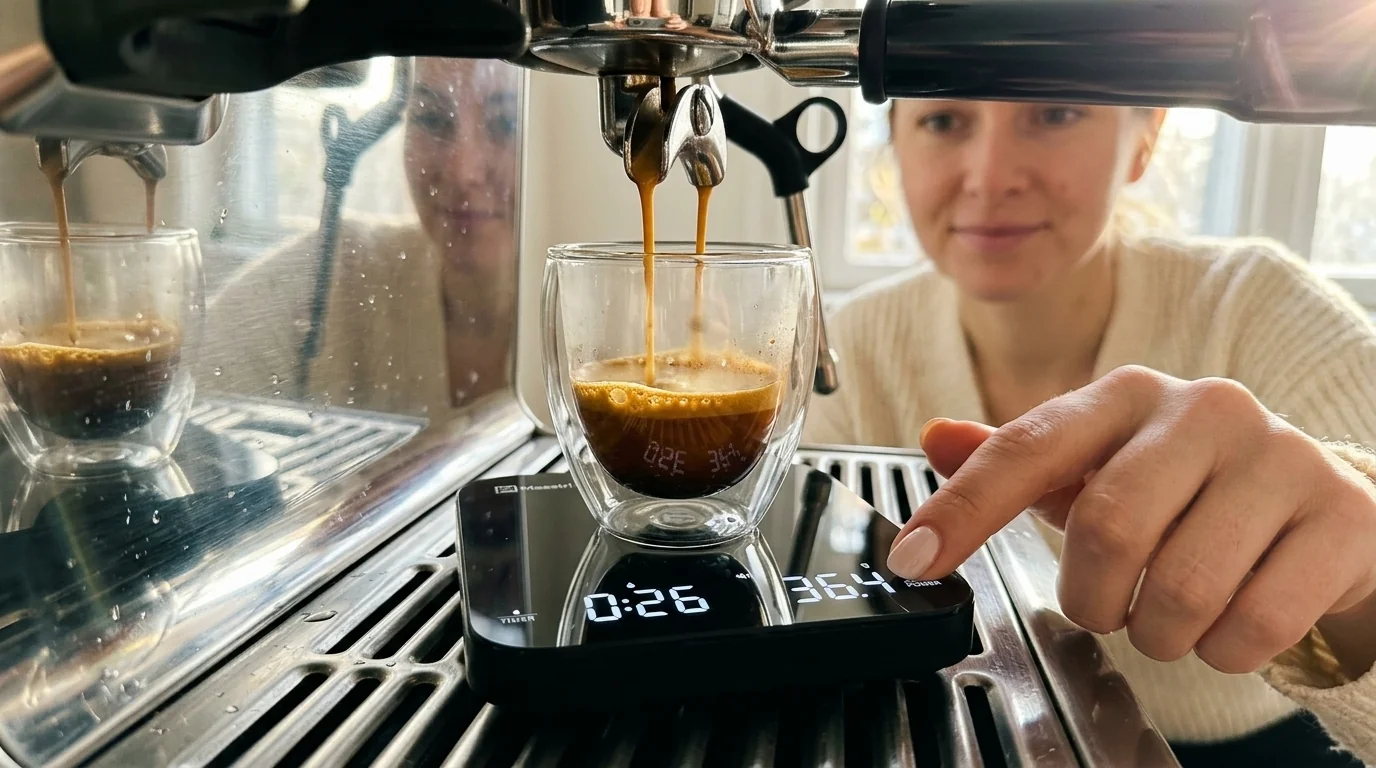 Maestri House S2 espresso coffee scale with compact square profile, illuminated LED timer display and detachable silicone heat pad