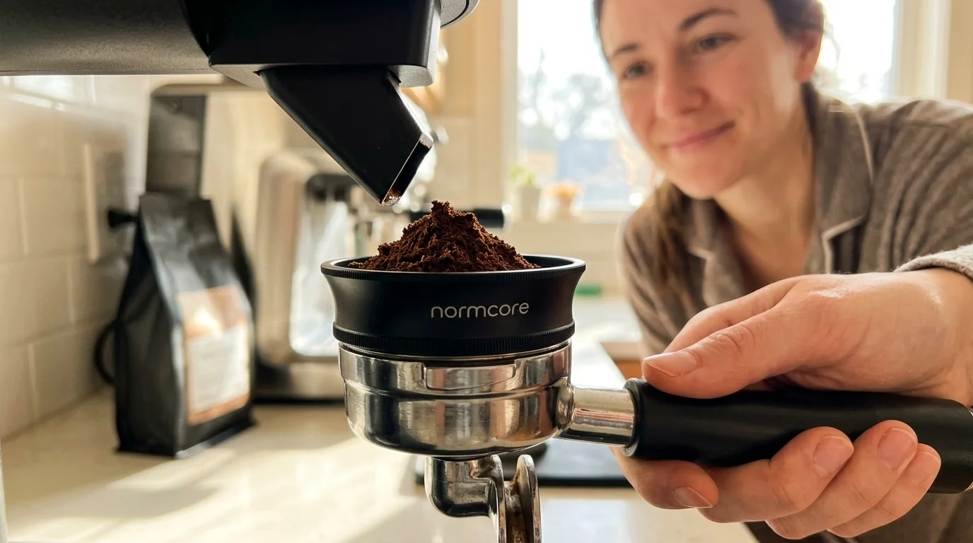 Normcore 54mm magnetic dosing funnel seated on a portafilter basket while coffee grounds are being stirred