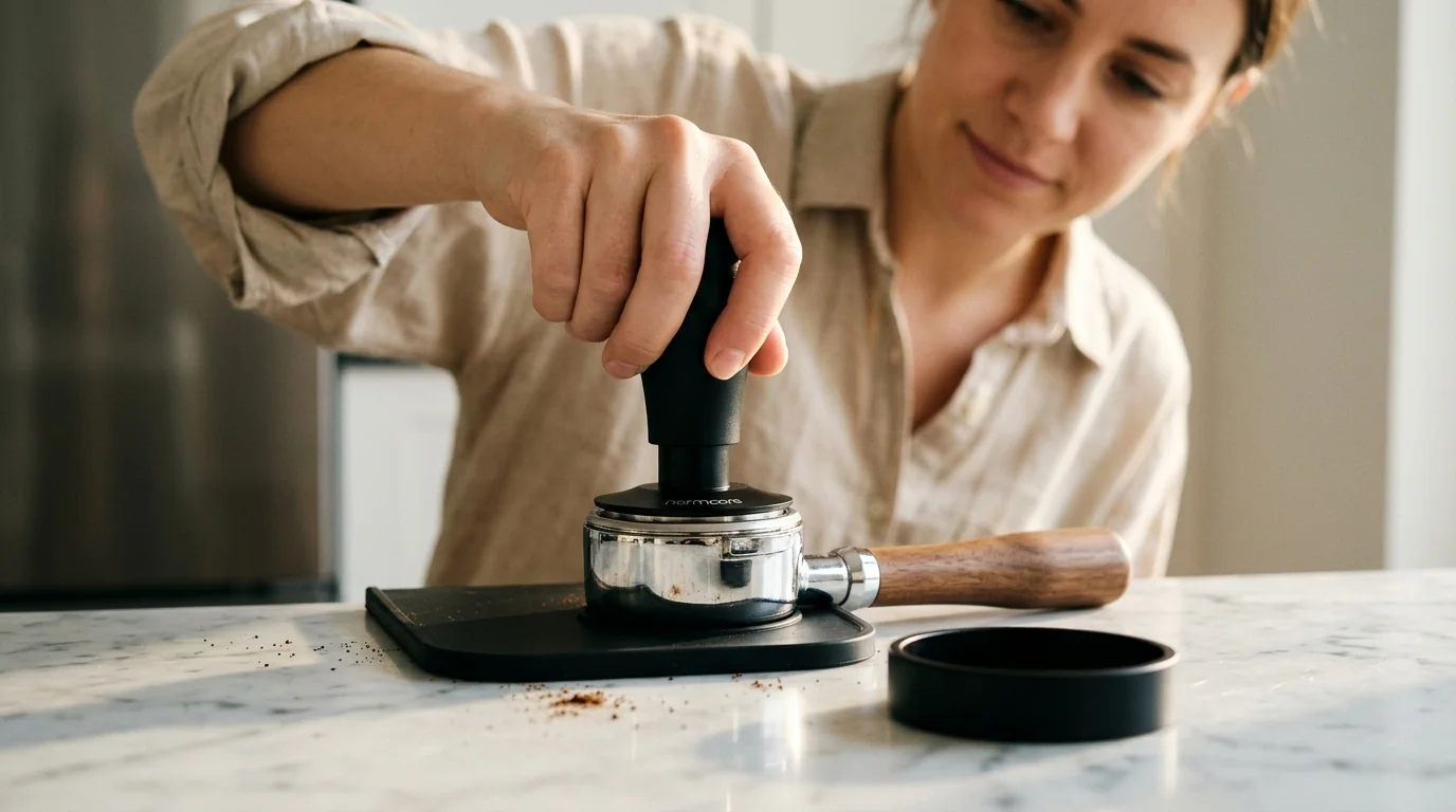 Normcore V4 spring-loaded espresso tamper with anodised aluminium handle, flat stainless steel base and levelling stand