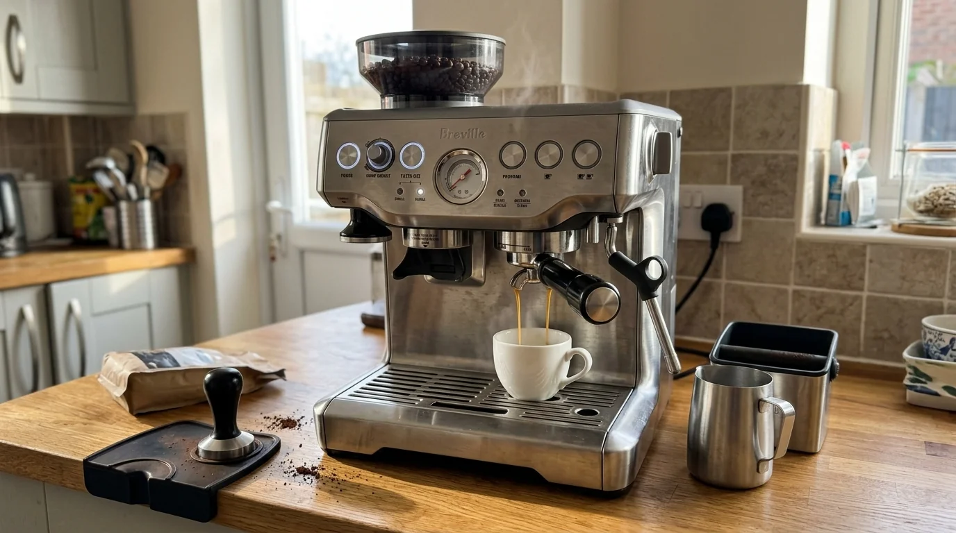 Breville Barista Express BES870XL all-in-one espresso machine with integrated conical burr grinder and 54 mm portafilter