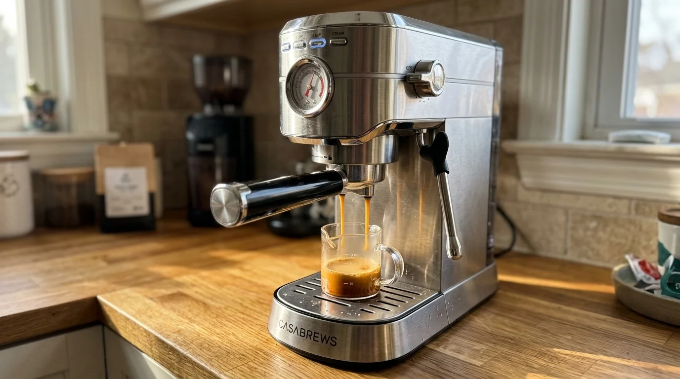 Casabrews CM5418 compact stainless steel semi-automatic espresso machine with pressure gauge and steam wand
