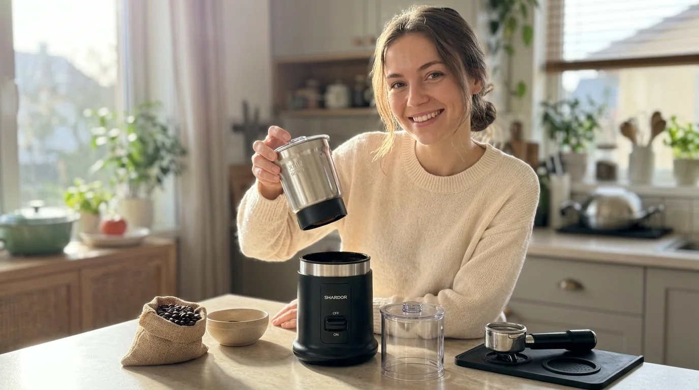 SHARDOR electric coffee grinder with removable dishwasher-safe stainless cup and 75 g capacity