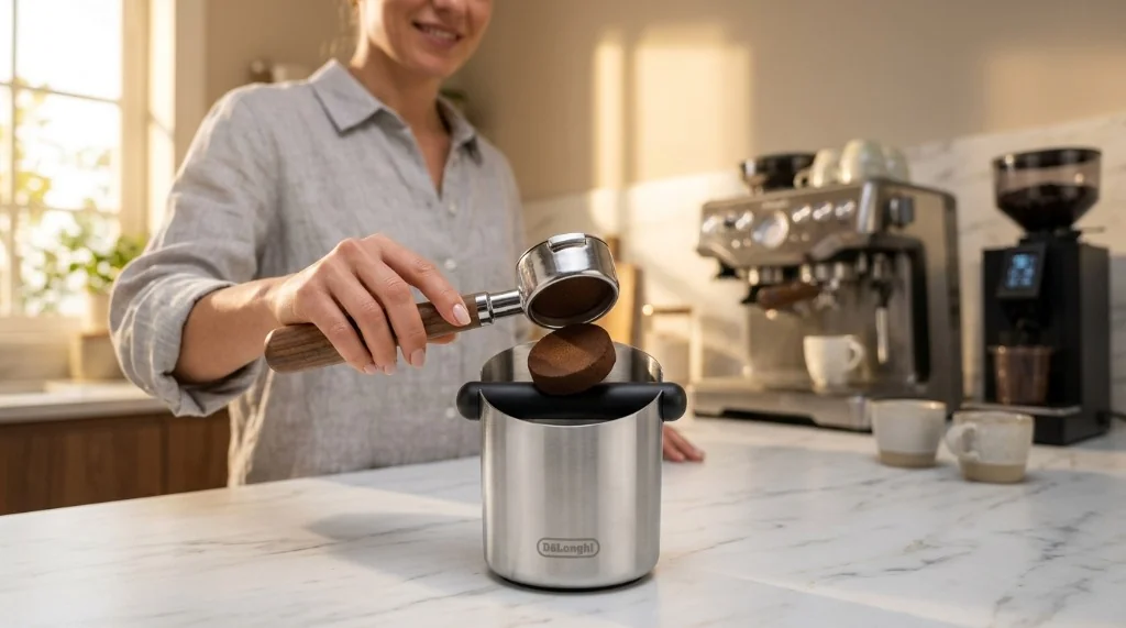 Breville Knock Box 10 stainless steel espresso puck bin with a removable knock bar, beside an espresso machine