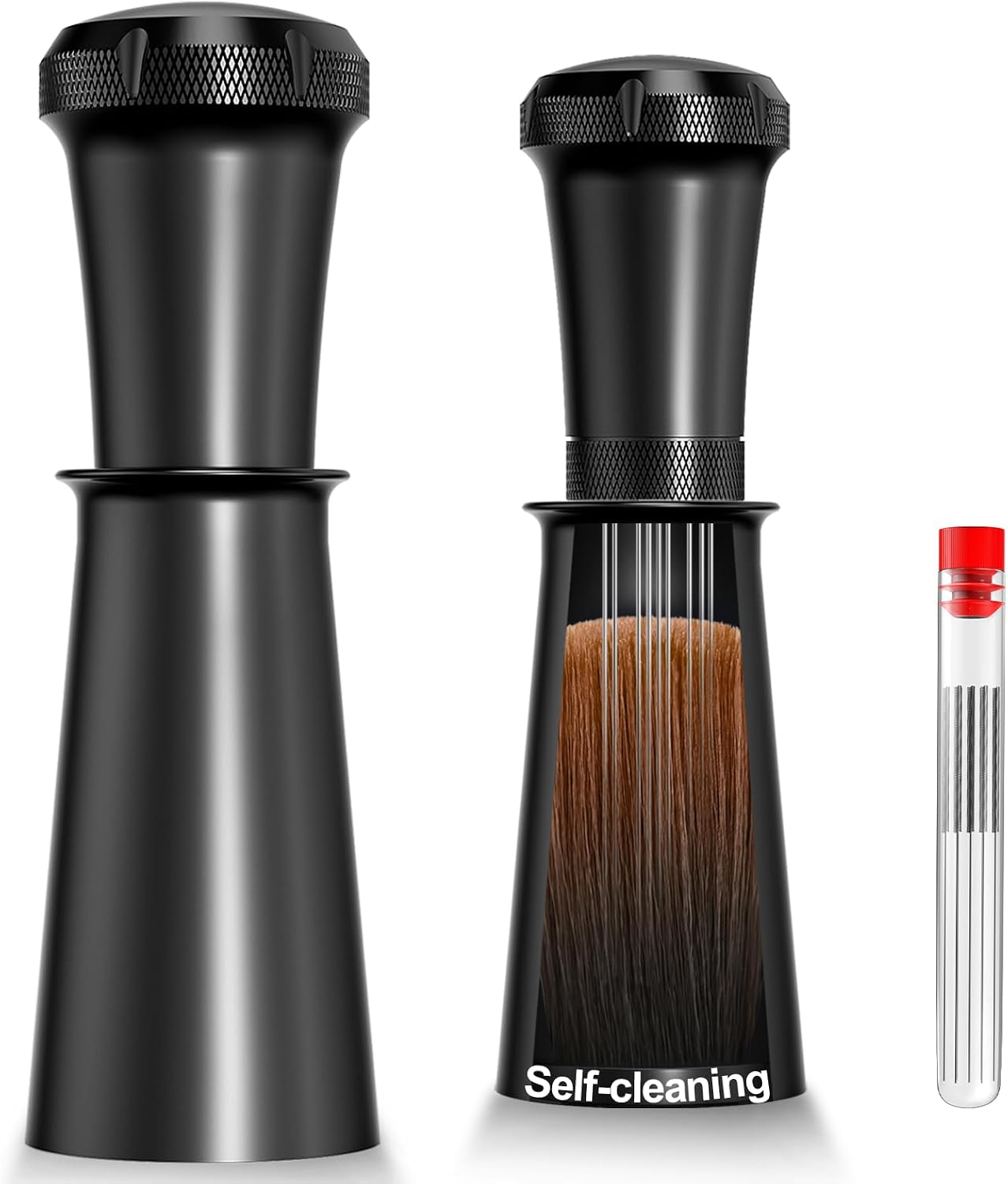 Nessus WDT espresso distribution tool with fine 0.35mm needles and a built-in cleaning brush on a stand