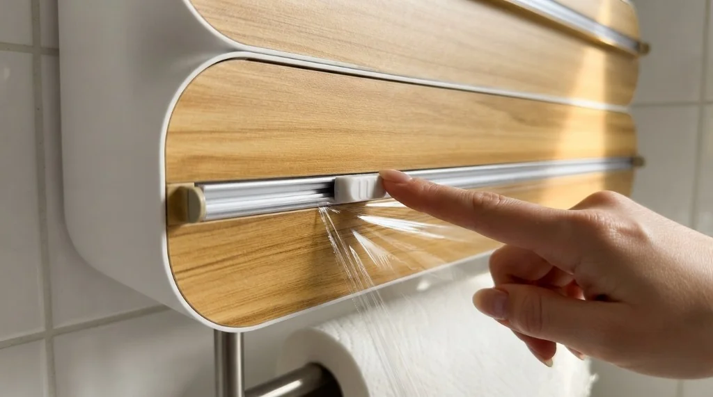 4 in 1 plastic wrap dispenser with cutter aluminum foil organizer and paper towel holder mounted on refrigerator